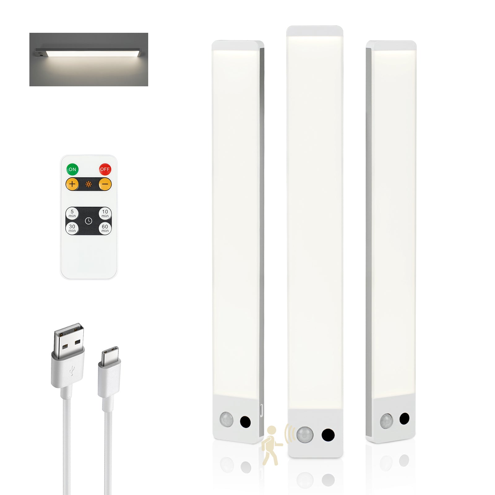 12 "  Rechargeable White Integrated LED Under Cabinet Light Motion Sensor, 4000K Dimmable with Remote Control, 3 Packs