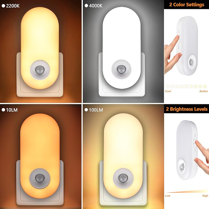 Extra Bright Motion Sensor Plug in LED Night Light with 2 Color Temperatures & 2 Brightness Levels? (2-Pack)
