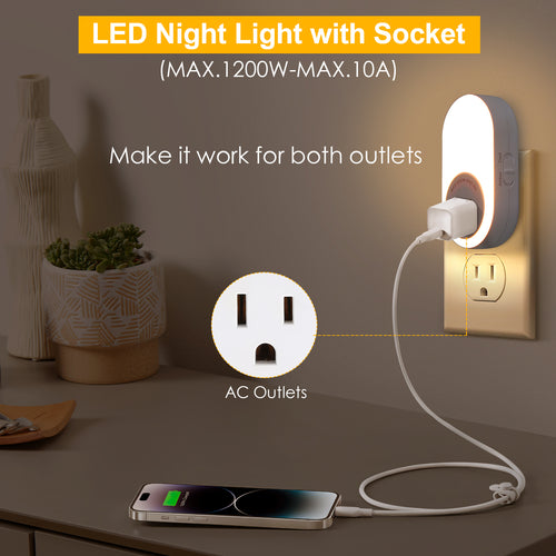 Dusk to Dawn Plug in LED Night Light with Socket, 2 Color Temperatures and 2 Brightness Levels? (2-Pack)