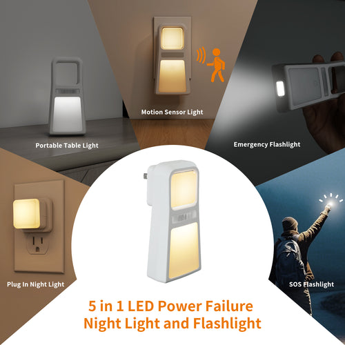 5-in-1 Power Failure Night Lights, Multifunctional Emergency Lights with Inductive Rechargeable (3-Pack)