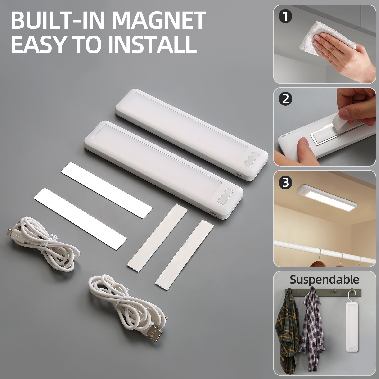 7.8 "  Battery Operated Daylight White Integrated LED Under Cabinet Lights with Hook, 2-Pack