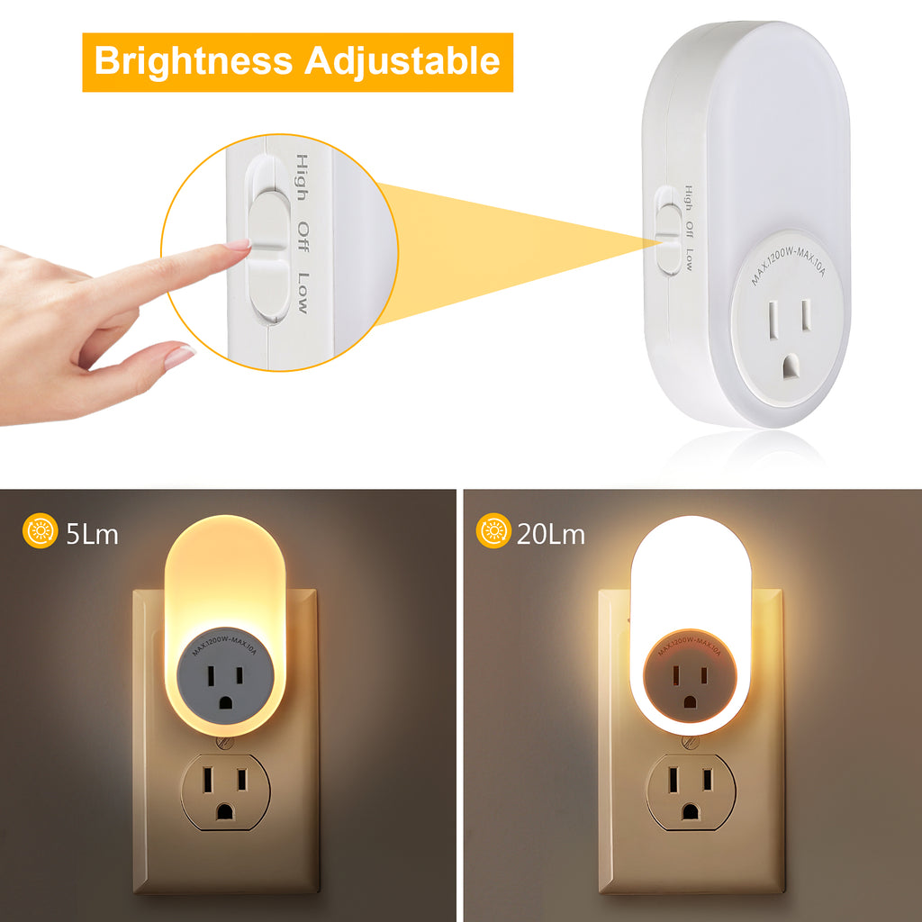 Dusk to Dawn Plug in LED Night Light with Socket, 2 Color Temperatures and 2 Brightness Levels? (2-Pack)