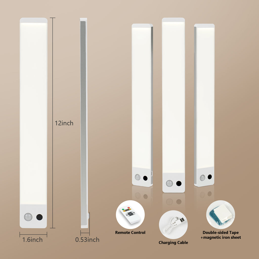 12 "  Rechargeable White Integrated LED Under Cabinet Light Motion Sensor, 4000K Dimmable with Remote Control, 3 Packs