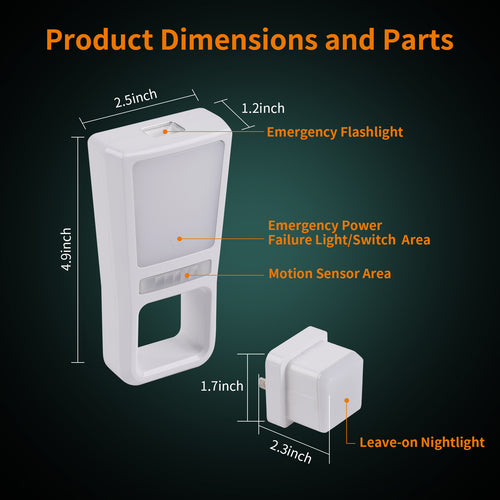 5-in-1 Power Failure Night Lights, Multifunctional Emergency Lights with Inductive Rechargeable (2-Pack)