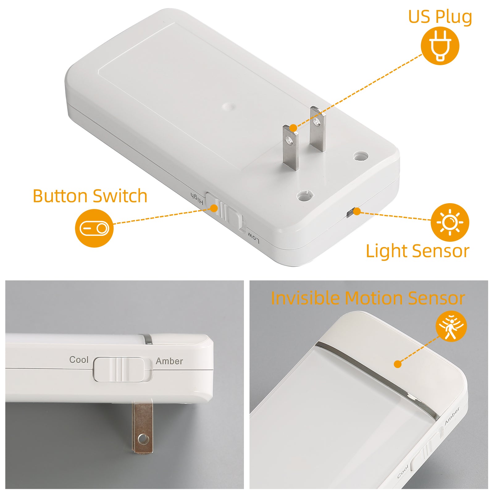 LED Plug in Night Light with Invisible Motion Sensor, 2 Color Temperatures and 2 Brightness Levels? (4-Pack)