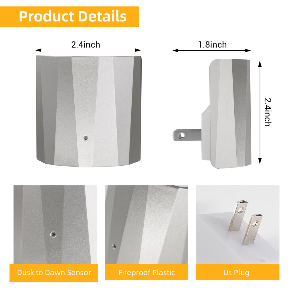 Backlit Night Lights with Light Sensor, Silver Finish (3-Pack)