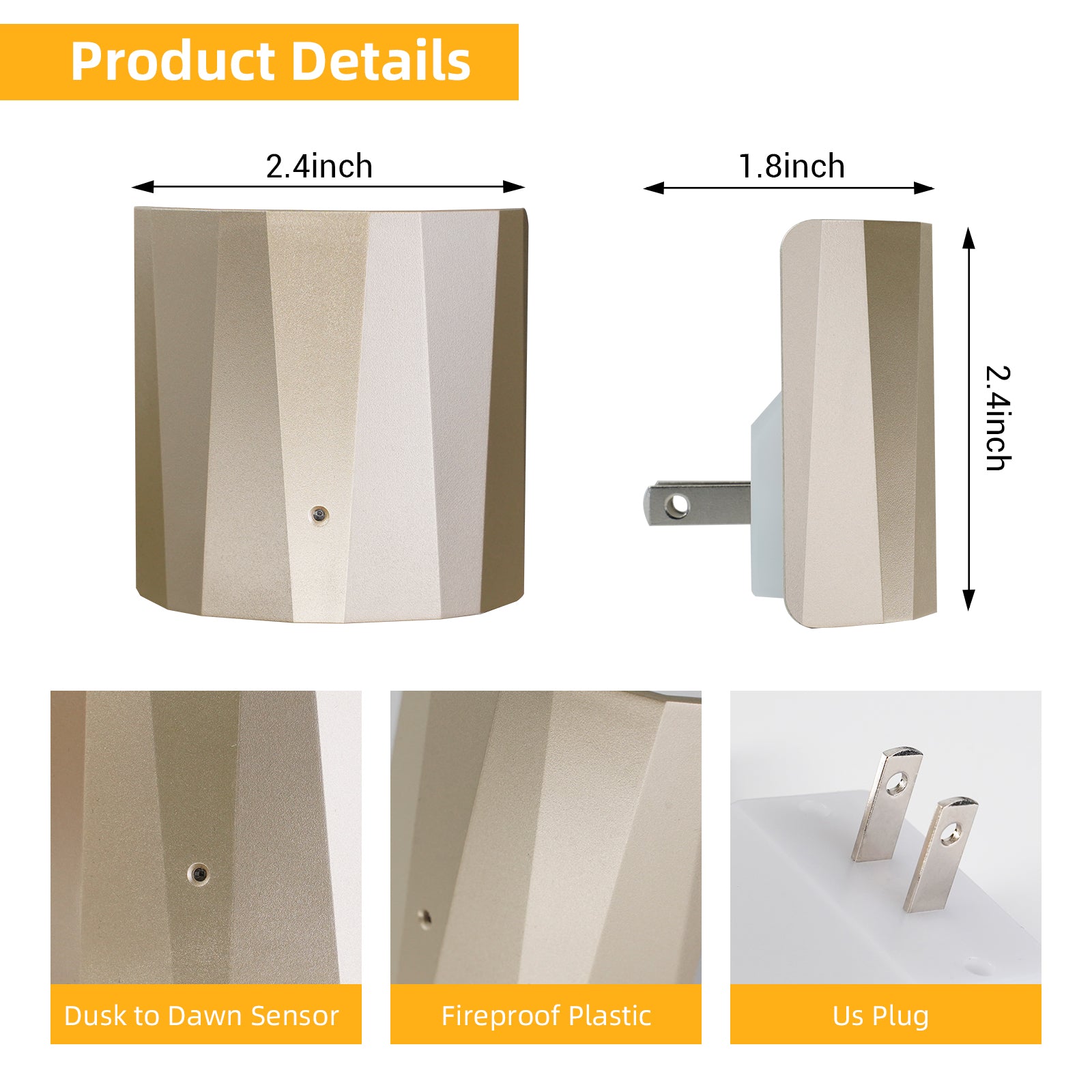 Backlit Night Lights with Light Sensor, Champagne Finish (3-Pack)